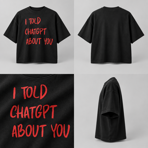DROPMADE ABOUT YOU — černé tričko s červeným nápisem I TOLD CHATGPT ABOUT YOU