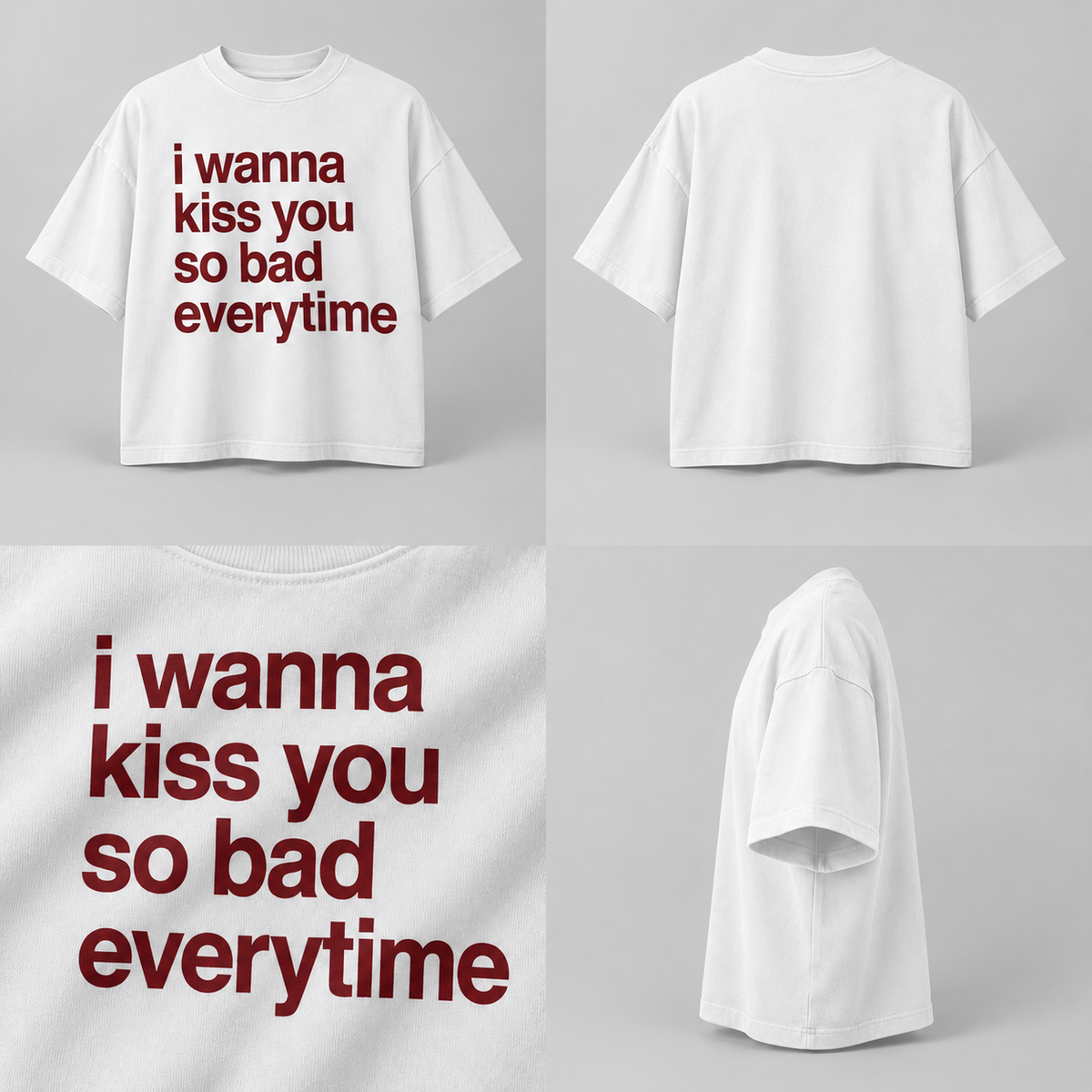 Bílé oversized tričko KISS YOU s vínovým nápisem, čtyři produktové pohledy