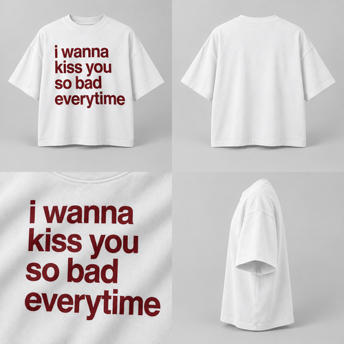 Bílé oversized tričko KISS YOU s vínovým nápisem, čtyři produktové pohledy