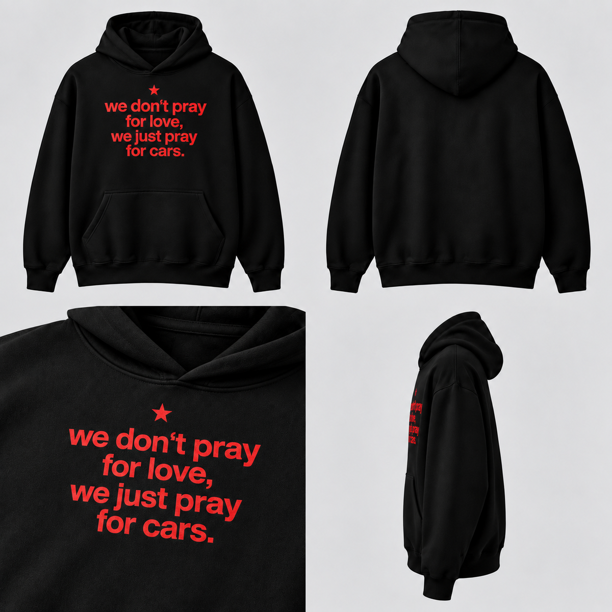 Černá mikina PRAY FOR CARS s červeným potiskem, produktový grid čtyř pohledů