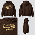 Hnědá oversized mikina Pretty Girls Belong With Bikers se světle žlutým potiskem, grid čtyř pohledů
