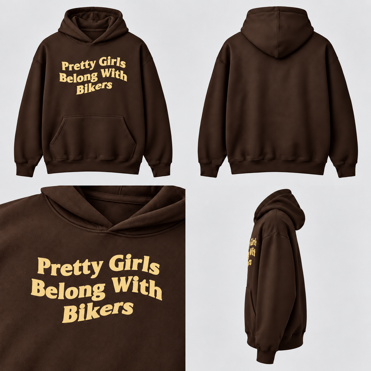 Hnědá oversized mikina Pretty Girls Belong With Bikers se světle žlutým potiskem, grid čtyř pohledů